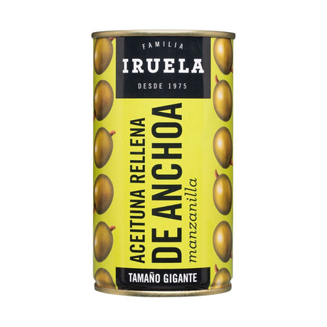 Iruela - Grüne Manzanilla Oliven  - gefüllt mit Anchovis , ohne Stein - 360g