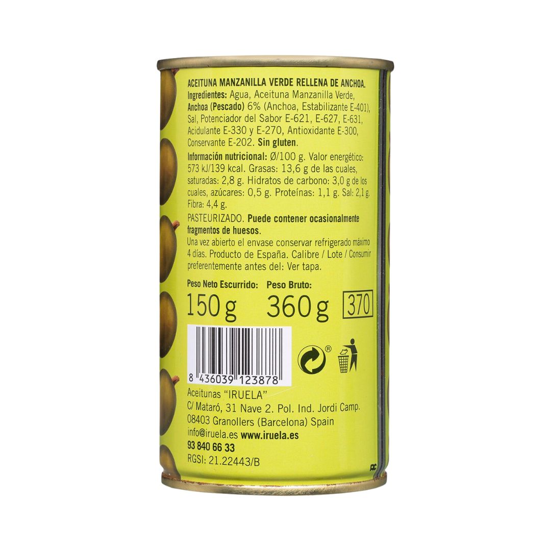 Iruela - Grüne Manzanilla Oliven - gefüllt mit Anchovis , ohne Stein - 360g