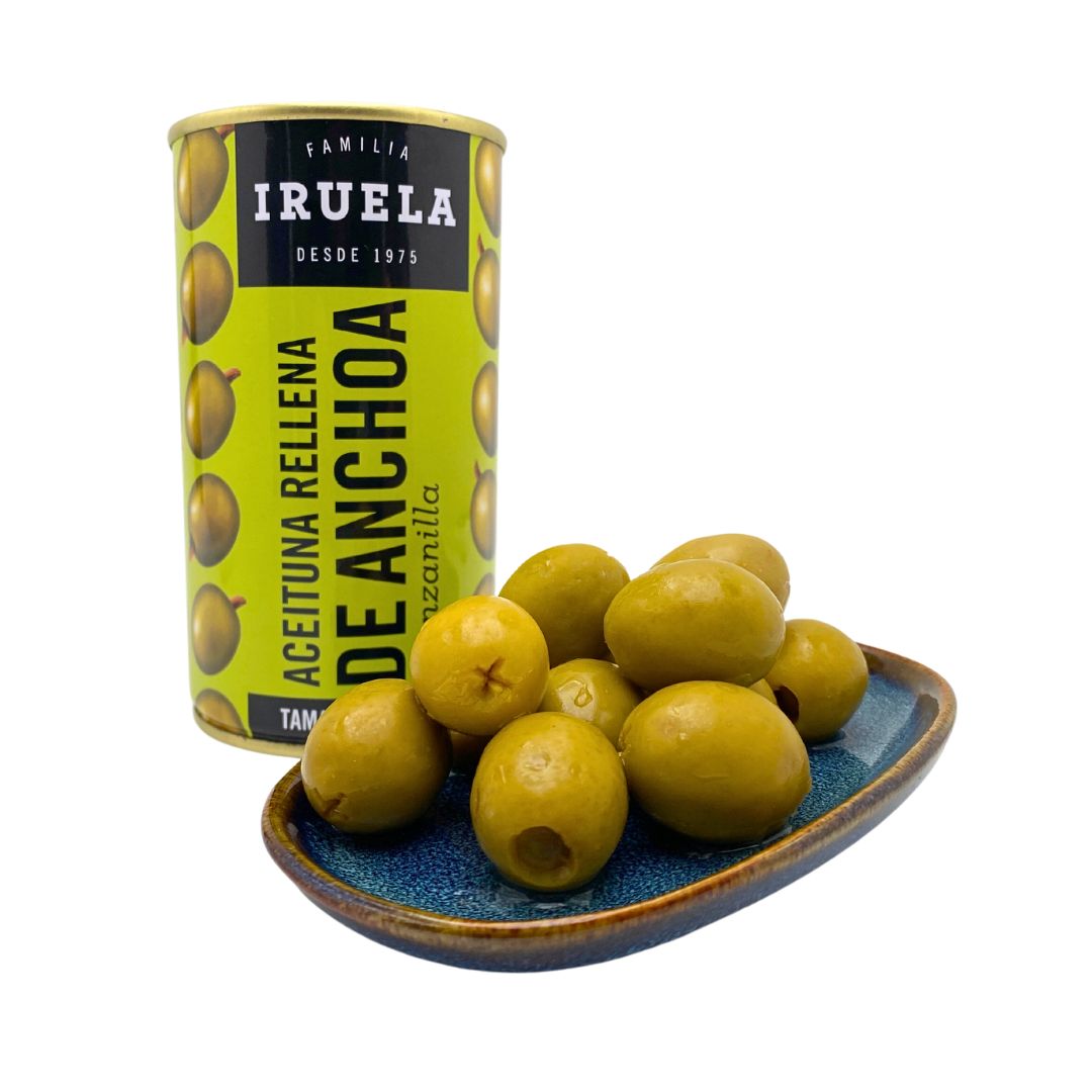 Iruela - Grüne Manzanilla Oliven - gefüllt mit Anchovis , ohne Stein - 360g