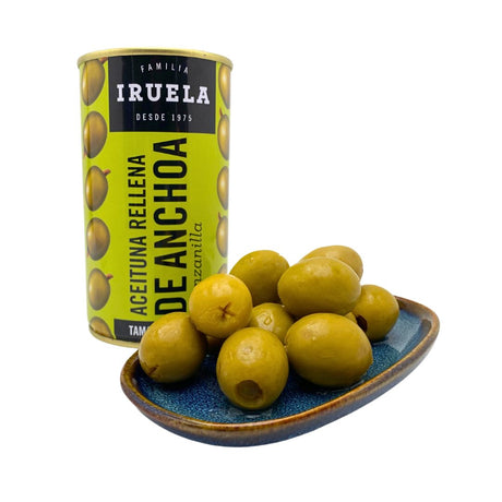 Iruela - Grüne Manzanilla Oliven  - gefüllt mit Anchovis , ohne Stein - 360g