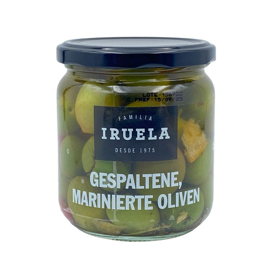 Iruela - Grüne Oliven "Llepadits" - gespalten und würzig Mariniert, mit Stein - 370g