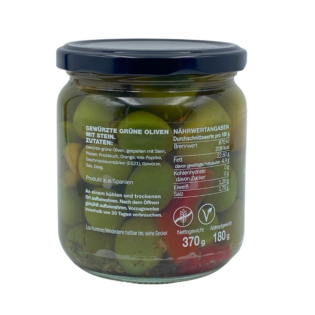 Iruela - Grüne Oliven "Llepadits" - gespalten und würzig Mariniert, mit Stein - 370g