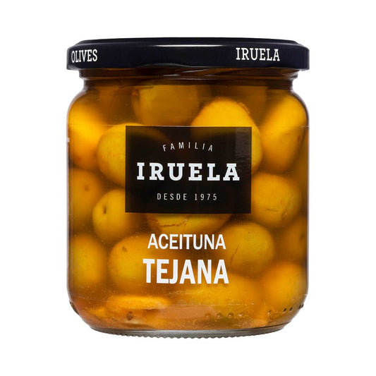 Iruela - Grüne Oliven "Tejana" - gespalten und würzig Mariniert, mit Stein - 365g