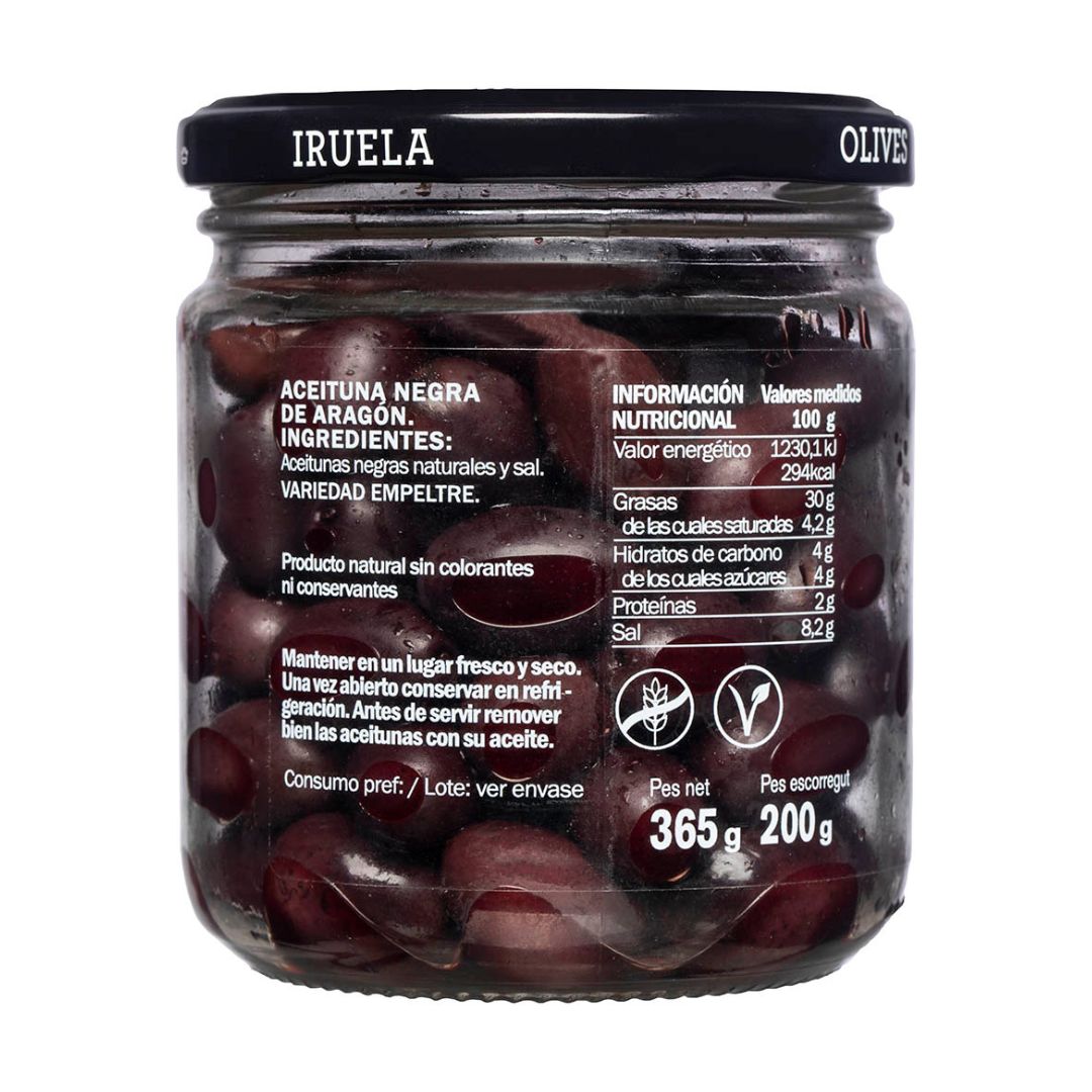 Iruela - Schwarze Oliven "Aragón" - Naturbelassen, mit Stein - 365g