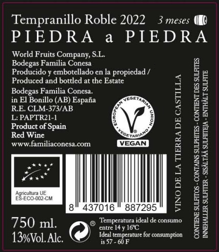 Piedra a Piedra - BIO Rotwein - Tempranillo Roble 2022 - Spanien, 750ml