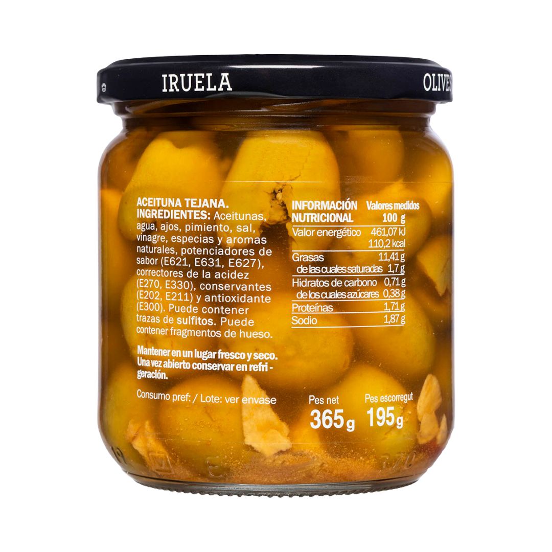 Iruela - Grüne Oliven Tejana gespalten und würzig Mariniert, mit Stein ... Iruela - Grüne Oliven Tejana gespalten und würzig Mariniert, mit Stein ...