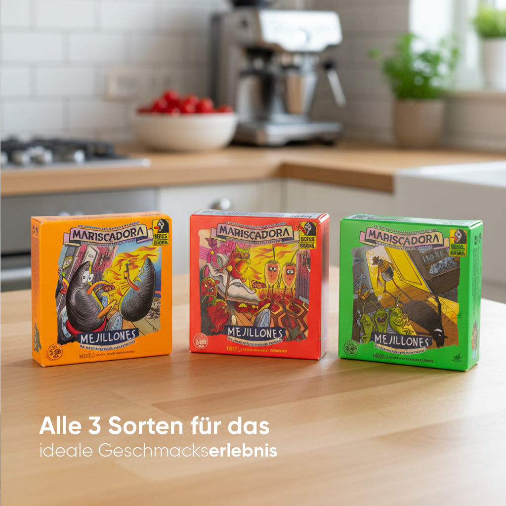 HOT CHILI CHALANGE SET - Mariscadora | 3 Konserven mit Miesmuscheln | Jalapeño - Habanero - Carloina Reaper | Limited Edition