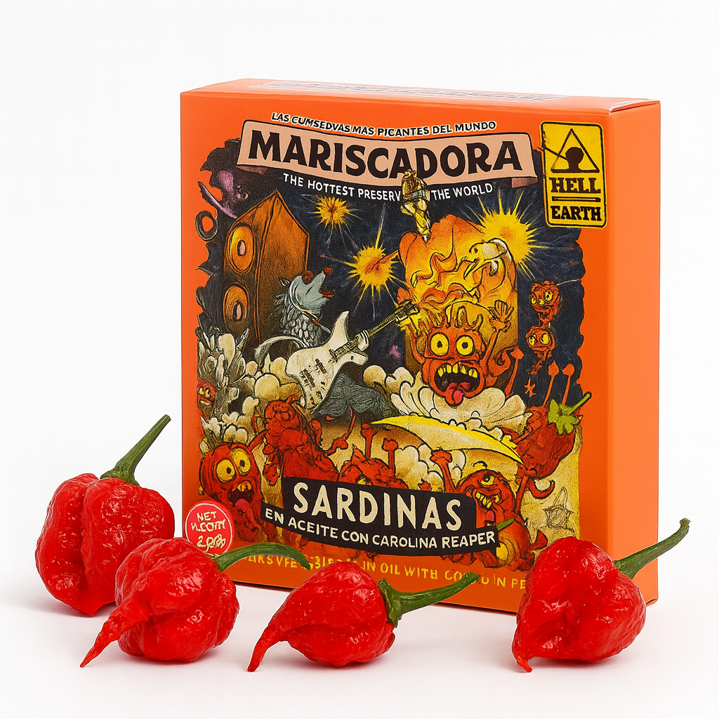 HELL ON EARTH - Mariscadora | Havy Metal - Limited edition | Mini Sardinen mit Carolina Reaper  | CHILI CHALANGE  | Konserve | Spanien