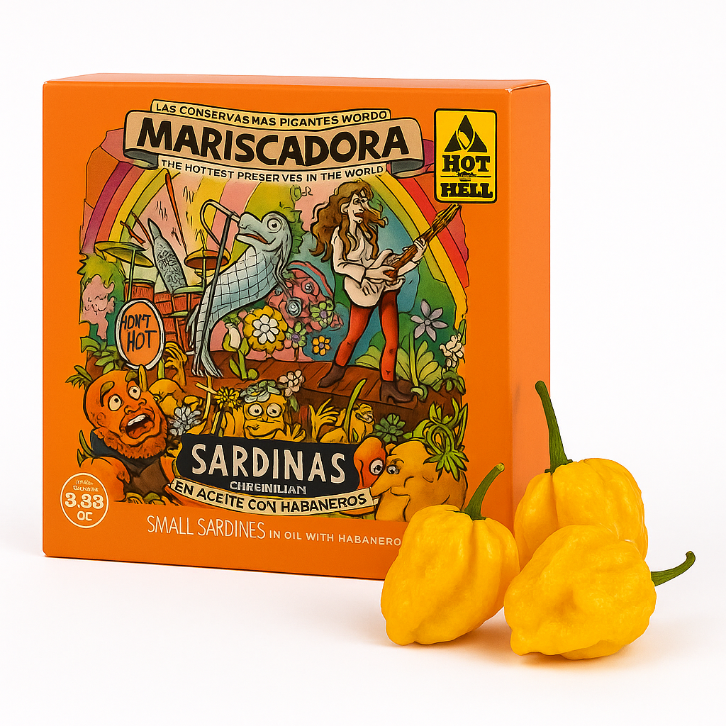 HOT AS HELL- Mariscadora | Woodstock - Limited Edition | Mini Sardinen mit Habanero | CHILI CHALANGE  | Konserve | Spanien