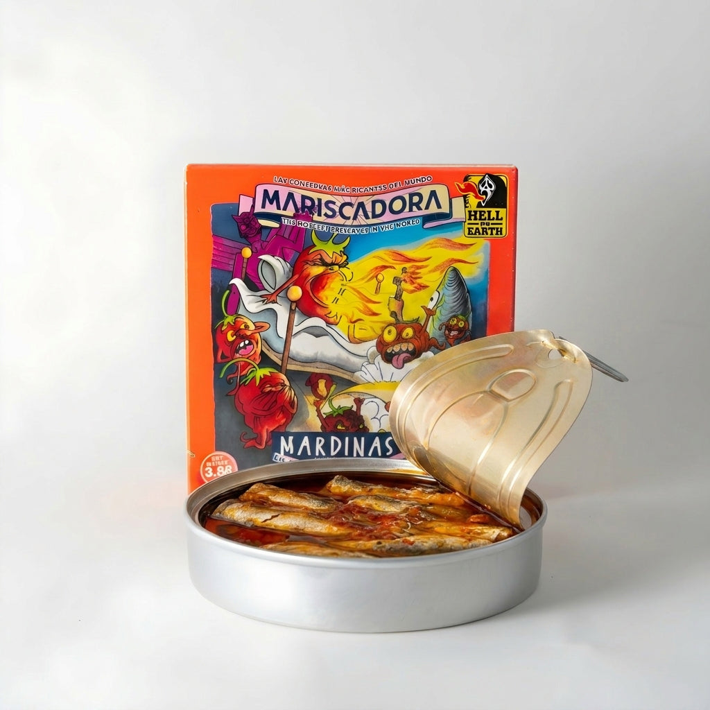 HELL ON EARTH - Mariscadora | Havy Metal - Limited edition | Mini Sardinen mit Carolina Reaper  | CHILI CHALANGE  | Konserve | Spanien