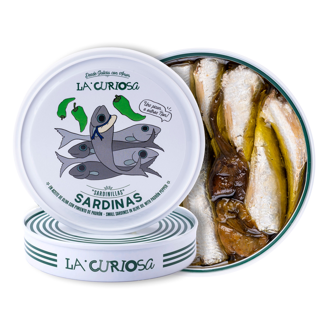 spanische-feinkost-sardinillas-olivenoel-padron-pfeffer-la-curiosa-112g